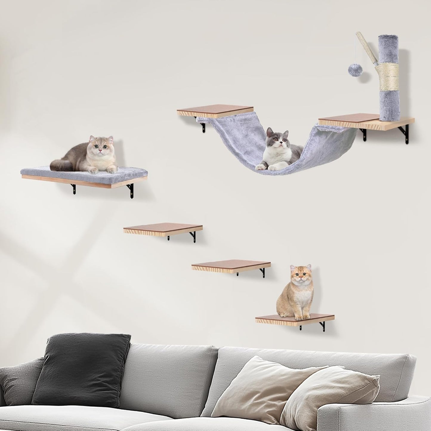 Cat Shelves for Wall, Wall Mounted Cat Furniture Set,with Hammock,Jumping Boards,Sofa,Steps,ScratchingPost,Hanging Ball and Felt Pads, Suit for Cats Climb, Jump,Scratch-Gray