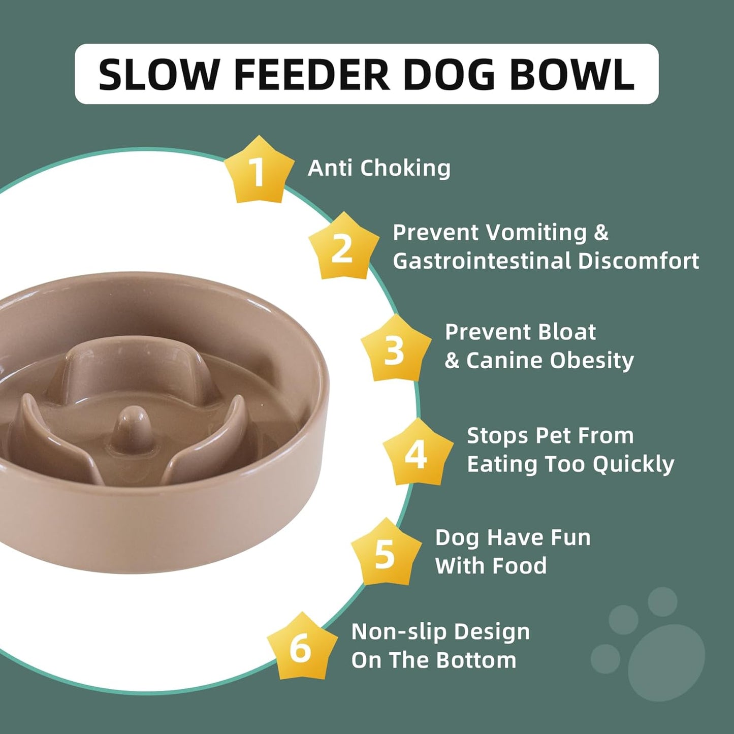6.1inch Dog Bowl Slow Feeder Ceramic for Small Dog, Pet Slow Feeder, Stop Bloat, Preventing Choking(Single Bowl-Brown Coffee)