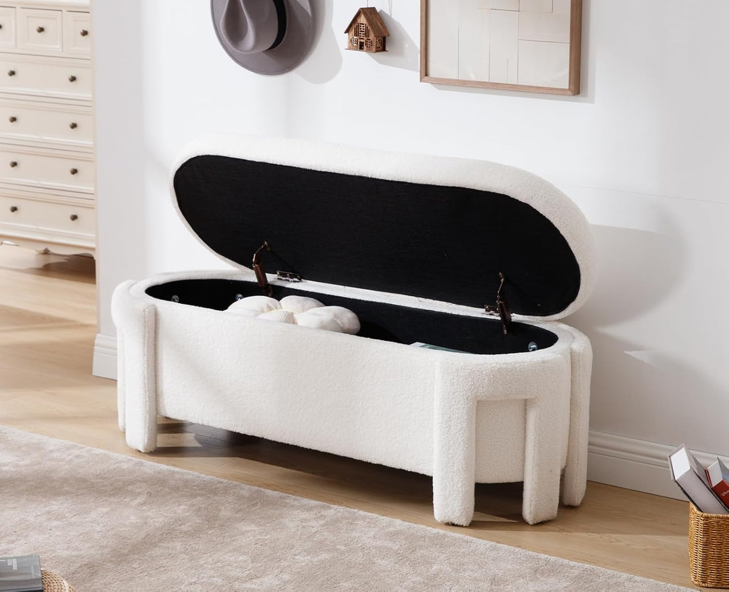 Kmax 50" Storage Ottoman Bench Modern Faux Fur Boucle Entryway Bench Comfy Upholstered End of Bed Bench for Hallway Entrance Bedroom Corner, White