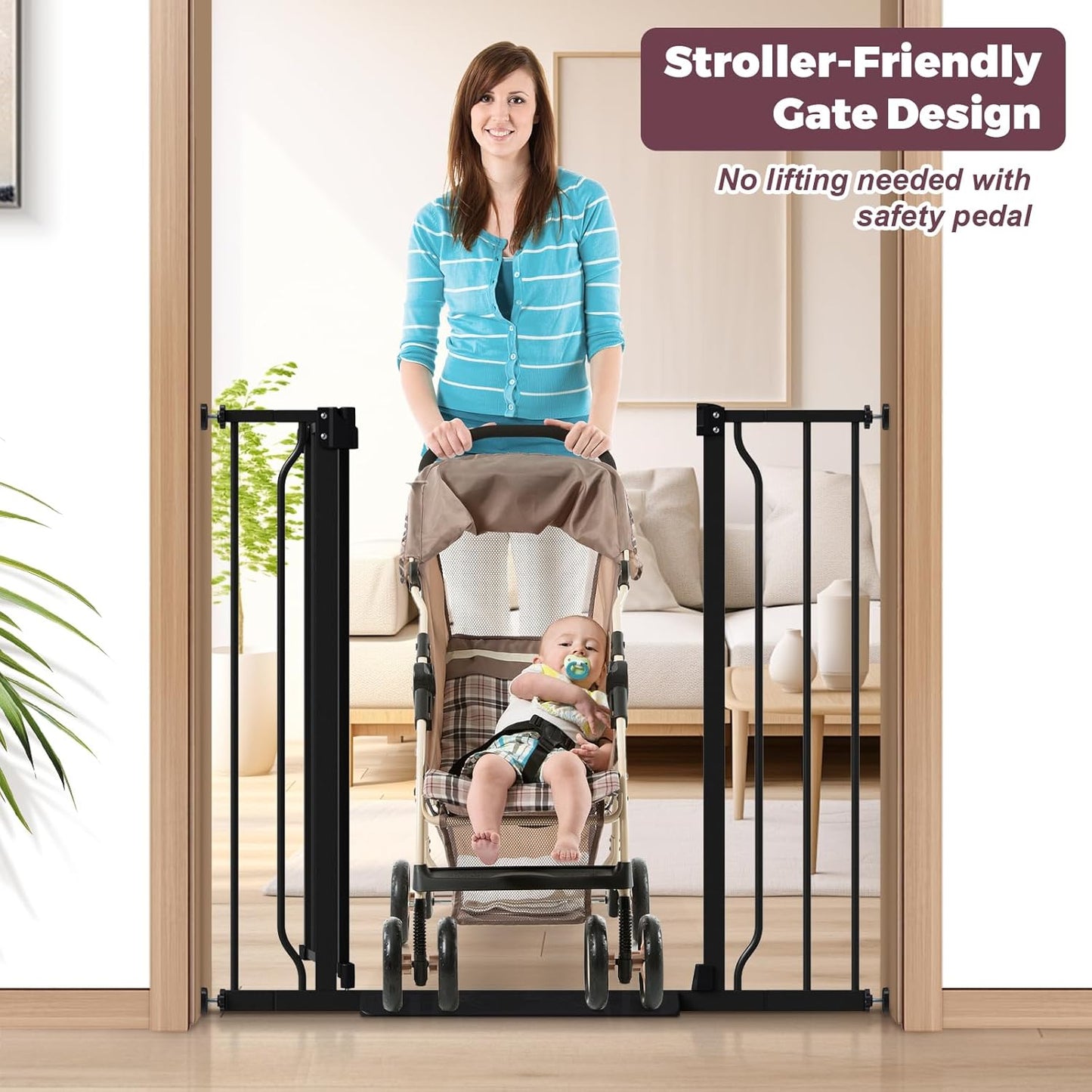 34" Extra Tall Baby Gate for Stairs, Auto Close Stroller Friendly Dog Gate Indoor for Doorways, Pressure Mounted 29"-40" W Baby Gate, Easy Walk Through Gate for Children & Pets, Black