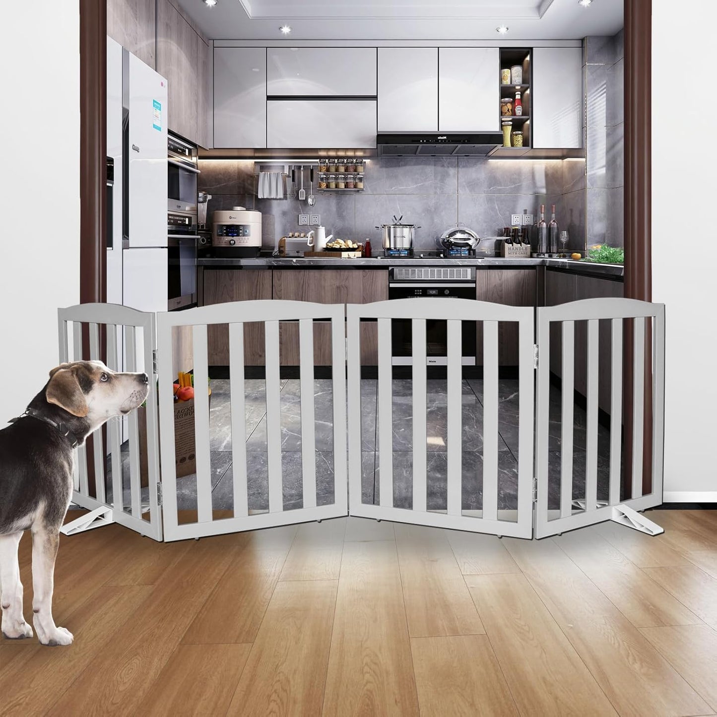 ZJSF Foldable Freestanding Indoor Dog Gate for House Wood Long Pet Gates Dog Fence for Stairs Puppy Gates for Hallways, Puppy Gate,Support Feet Included, Grey, 24 "Height-4 Panels
