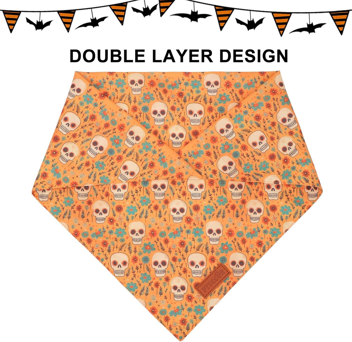 PTDECOR Halloween Dog Bandana, Skeleton Pumpkin Reversible Holiday Dog Scarf, Triangle Halloween Bandanas for Medium Large Dogs Pets (Large)