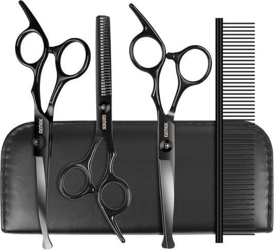 Dog Grooming Scissors Kit with Safety Round Tips, GEMEK Professional 5 in 1 Grooming Scissors for Dogs (Black 5 in 1)