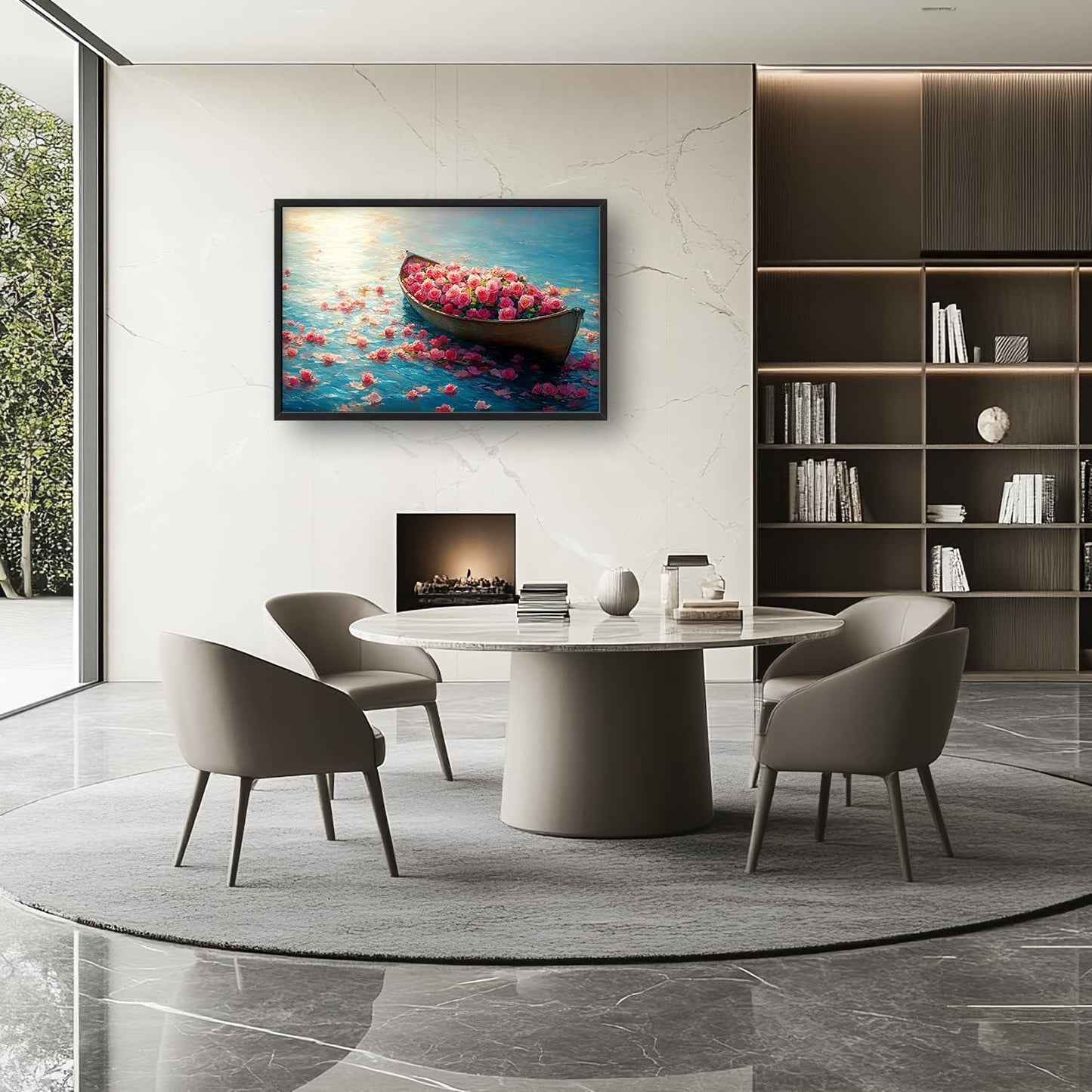 Large Lake Floral Landscape Wall Art for Living Room, Nature Boat Flower Canvas Oversized Wall Decor, Rose Scenery Framed Pictures Painting Print Artwork for Bedroom Office 36L" x 24W"