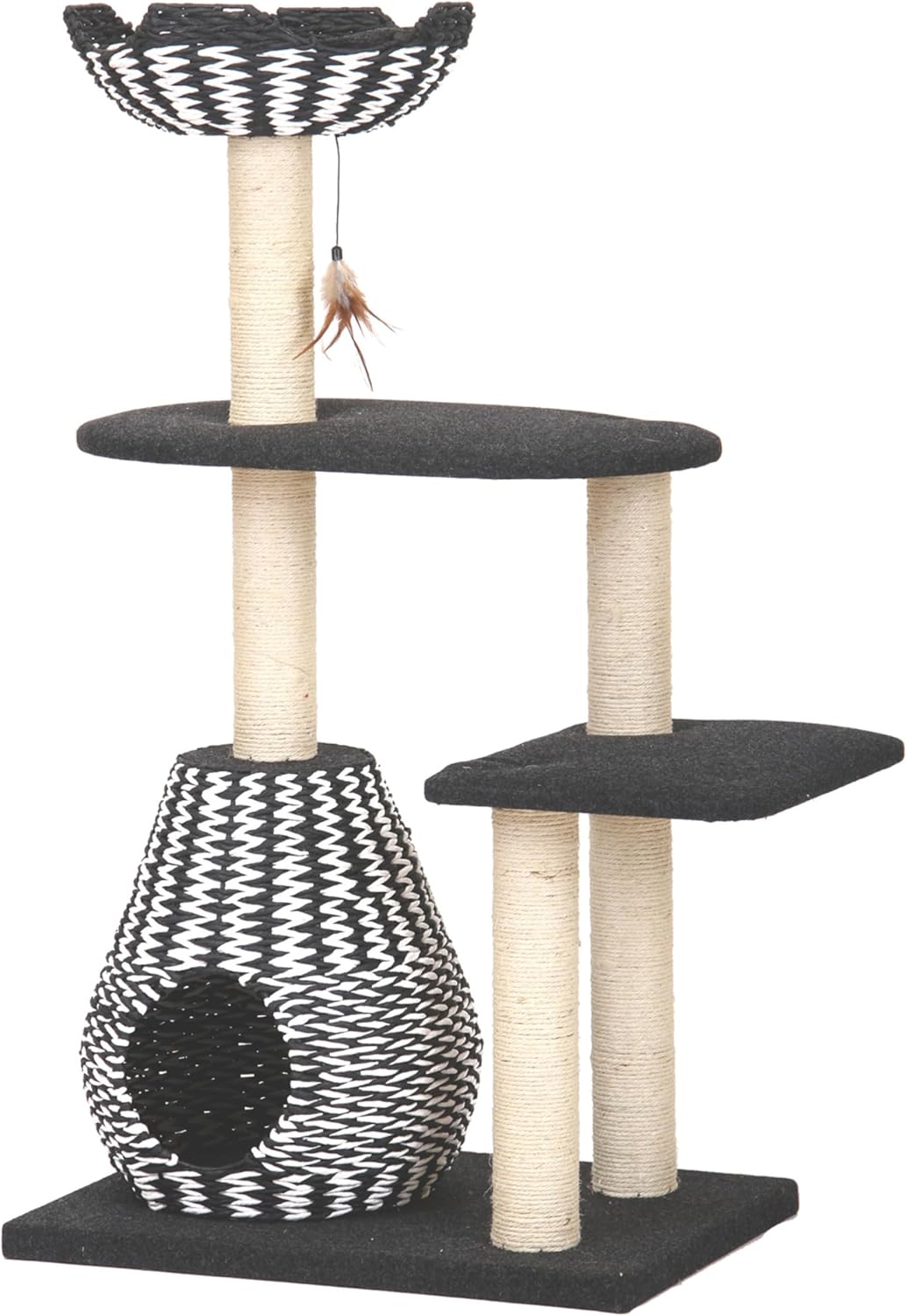 PetPals Ace 4-Level Multi-Activity Cat Tree with Handwoven Recycled Paper Rope Condo and Top Nest Bed, Replaceable Sisal Scratching Posts, Feather Teaser Toy, Black & White
