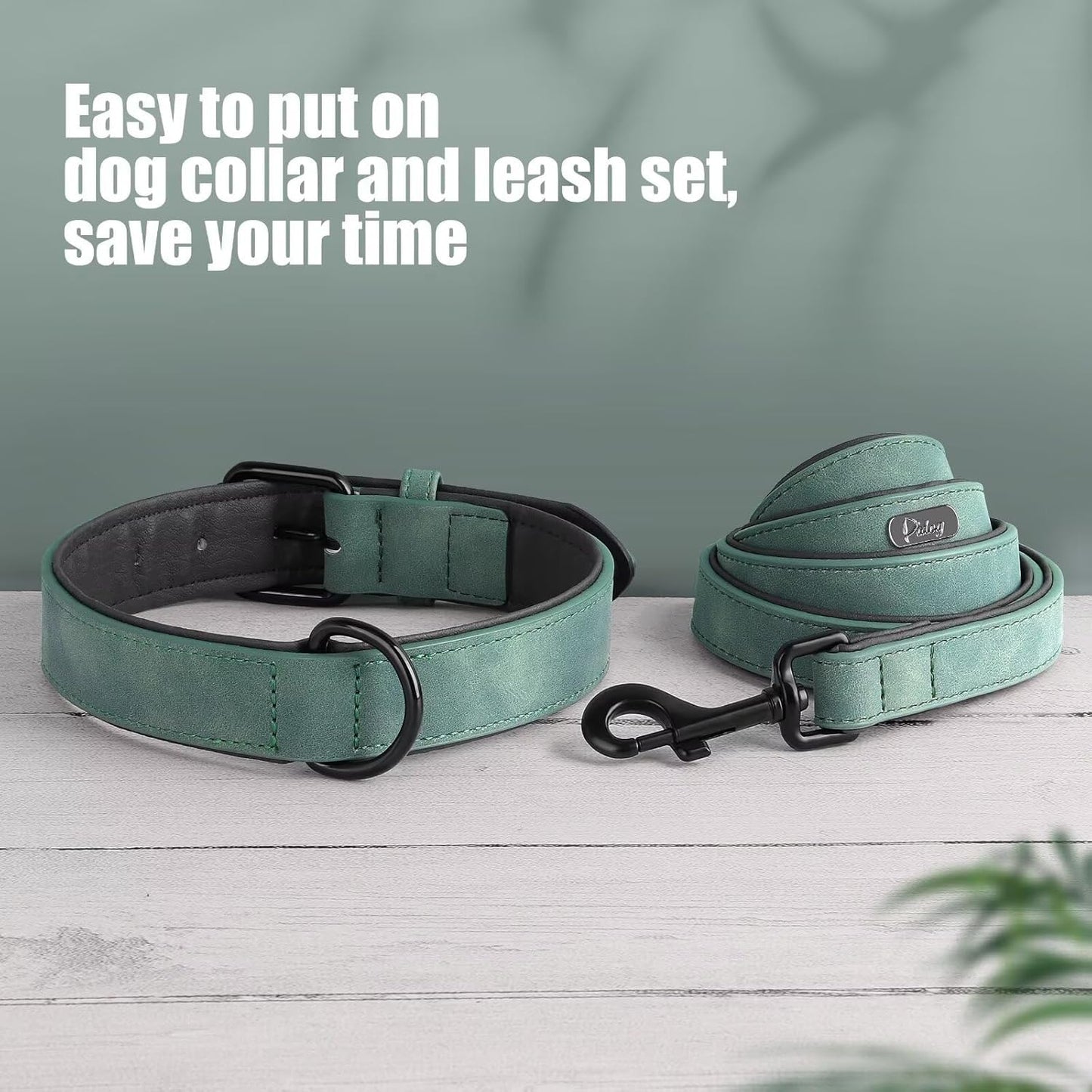 Didog Soft Padded Leather Dog Collar and Leash Set, Adjustable Dog Lead and Collar Set with Metal Buckle, Breathable Pet Collars with 4FT PU Leather Leash for Small Medium Dogs, Green, M