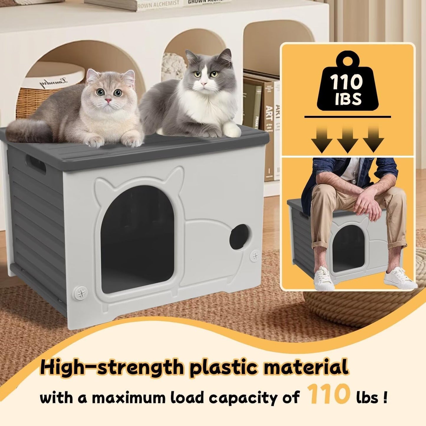 Plastic Outdoor Cat House Waterproof Feral Cat Shelter(Gray)