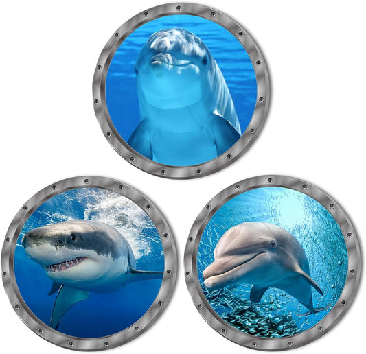 Ocean Animals World Under Sea Decor Includ Dolphins Sharks 3 Pcs Removable 3D Peel and Stick Vinyl Stickers for Bathroom,Wall Decor,Wall Stickers,Bedroom,Furniture
