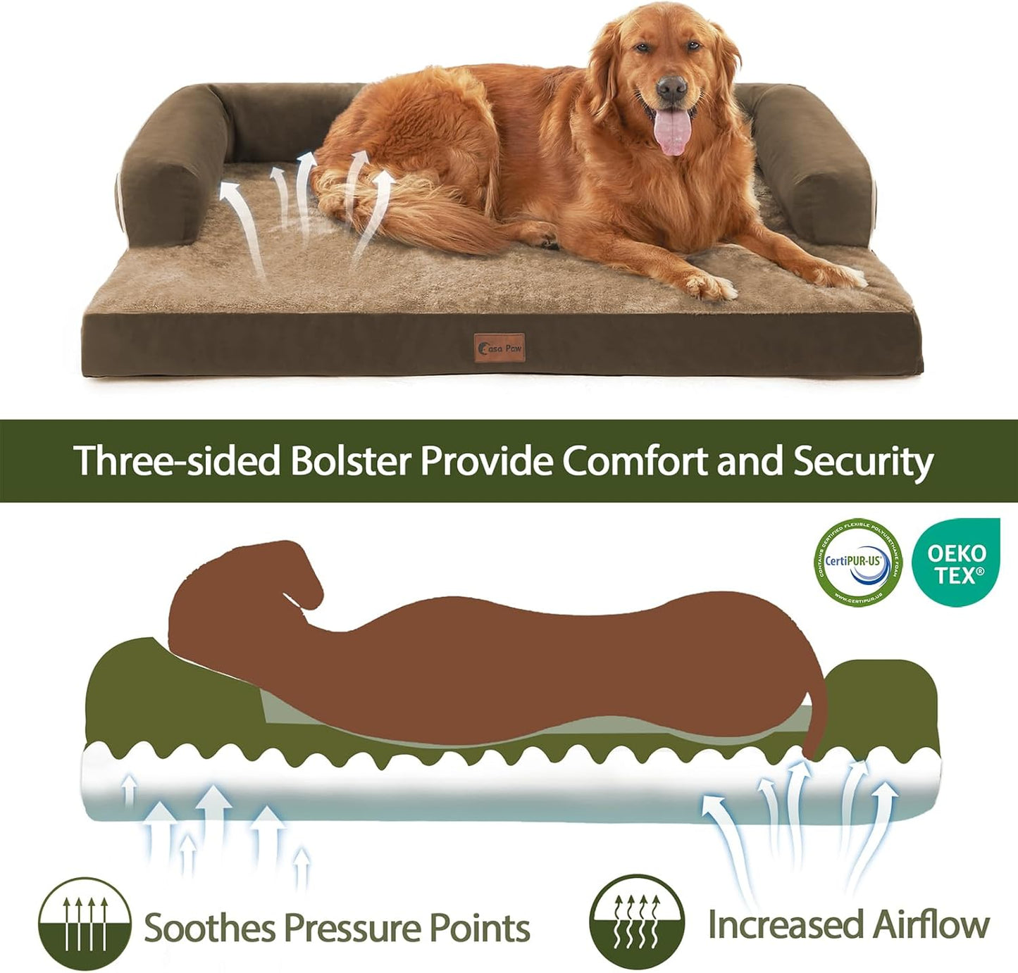 Orthopedic Dog Beds for Large Dogs, Waterproof Dog Beds, Egg-Crate Foam Dogs Couch Beds, Comfy Bolster Pet Bed with Removable Washable Cover, Nonskid Bottom (Large,Brown)