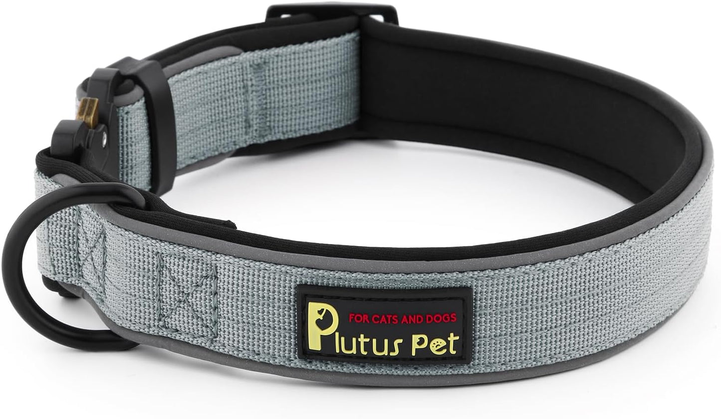Plutus Pet Tactical Dog Collar, Reflective, Adjustable Heavy Duty Dog Collar, Soft Padded and Comfortable, for Small Medium and Large Dogs (Gray, XS)