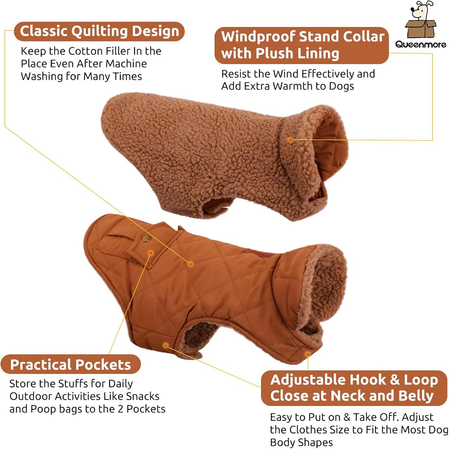 Queenmore Warm Puffer Dog Jacket, Ultra Thick Plush Lining with Storage Pockets (Brown, X-Small)