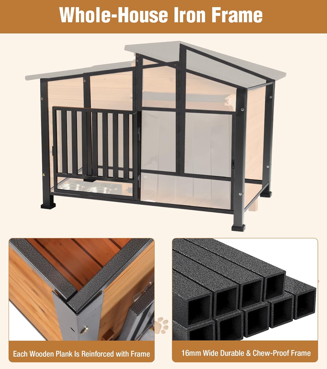 GUTINNEEN Heated Dog House Outdoor with Electric Heating Pad, Insulated Wooden Dog Kennel with 360° Rotating Feeding Bowl, Anti-Chewing Metal Frame, Natural Wood Color