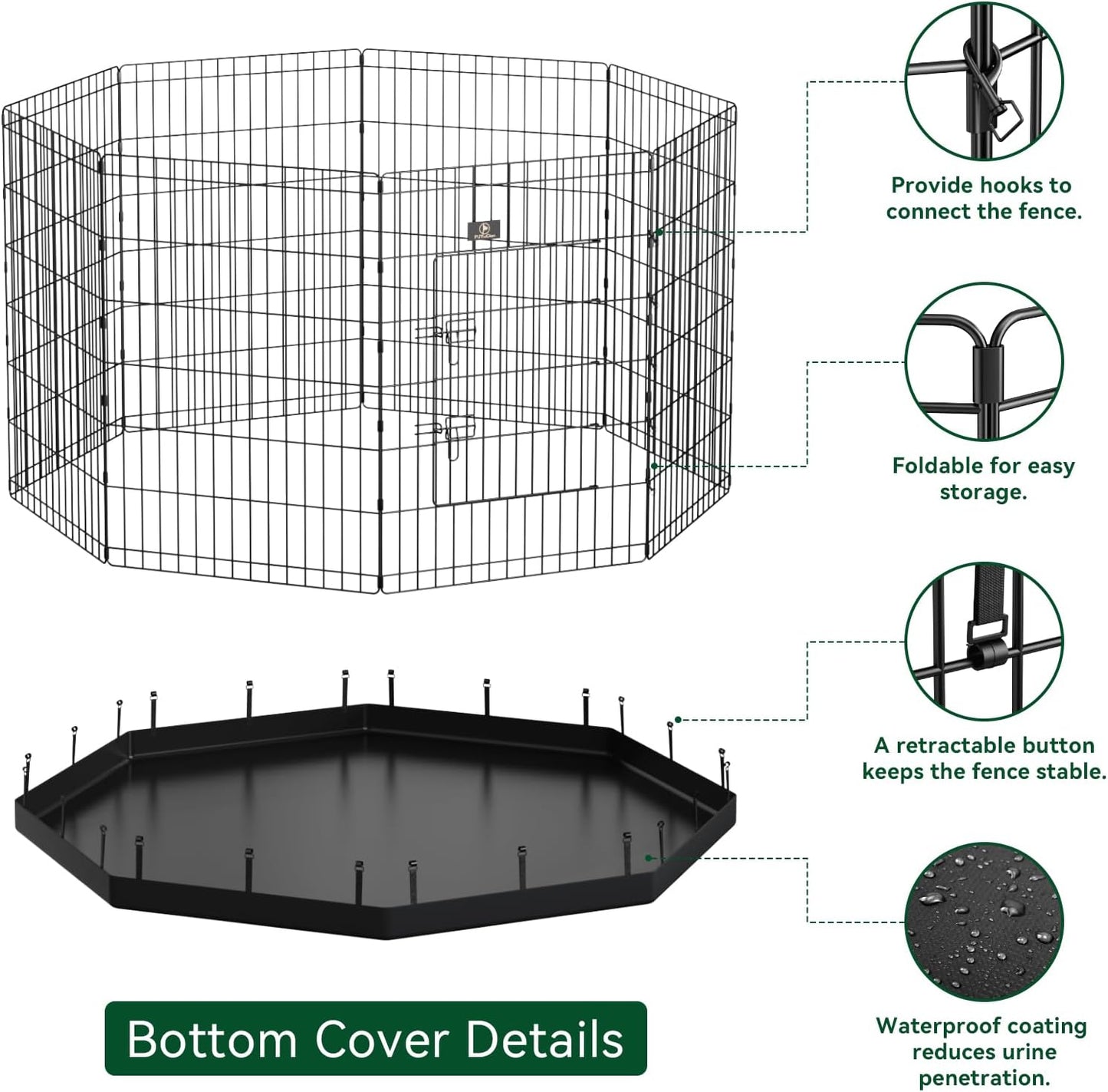 PJYuCien Dog Playpen, 8 Panels 24’’H Dog Pens Indoor with Bottom Pad, Metal Foldable Pet Puppy Exercise Fence Crate Kennel, Better for Small Animals, Black
