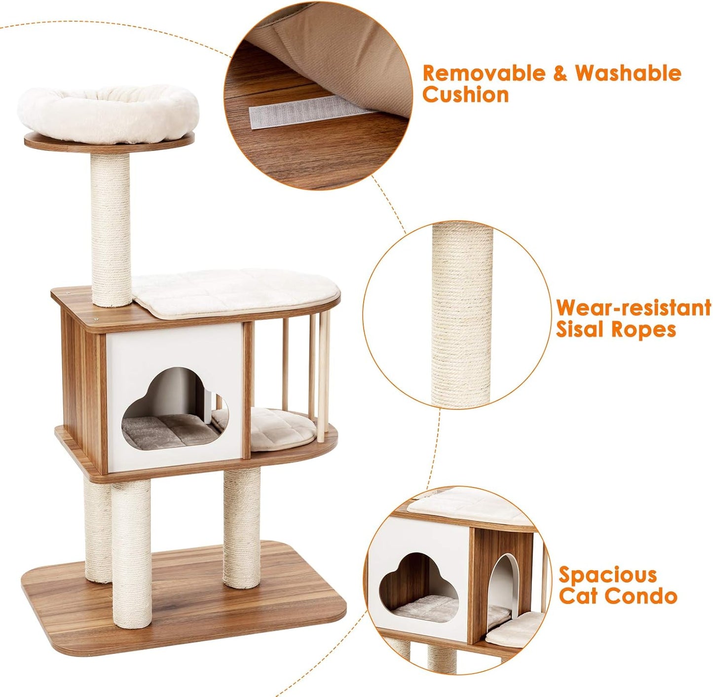 Tangkula Modern Wood Cat Tree, 46 Inches Cat Tower with Platform, Cat Activity Center with Scratching Posts and Washable Cushions, Wooden Cat Condo Furniture for Kittens and Cats (Natural)