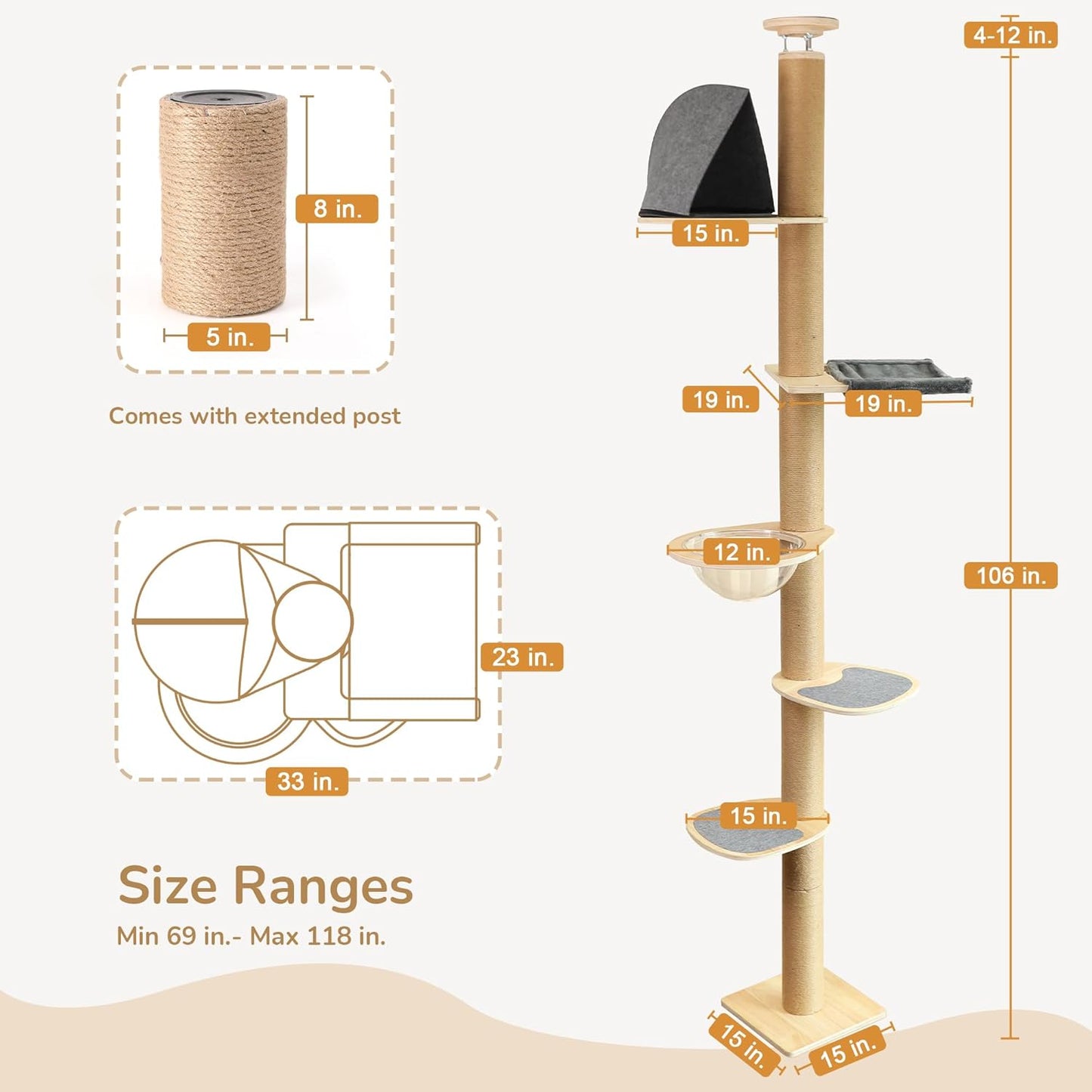 FUKUMARU Floor to Ceiling Cat Tree, 6 Level Adjustable Height (5.7-9.8 ft) Climbing Tower with Thickened Scratching Posts, Cats Activity Center with Transparent Capsule and Cozy Hammock