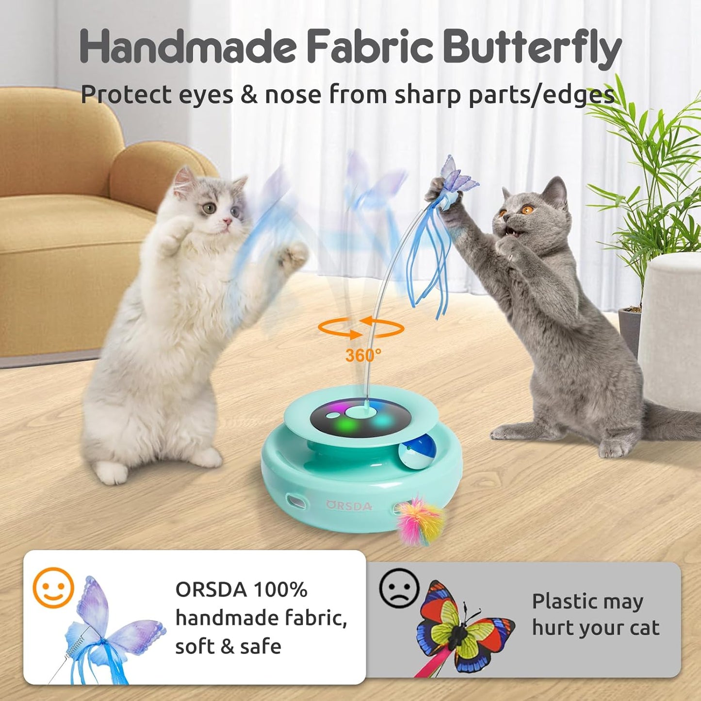 ORSDA Cat Toy, 3-in-1 Automatic Interactive Electronic Moving Ambush Feather, Fluttering Butterfly, Track Balls, USB Rechargeable Powered Smart Indoor Exercise Kicker
