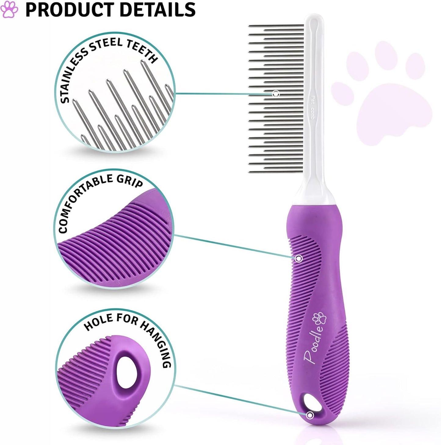 Poodle Pet Detangling Pet Comb with Long & Short Stainless Steel Teeth for Removing Matted Fur, Knots & Tangles – Detangler Tool Accessories for Safe & Gentle DIY Dog & Cat Grooming