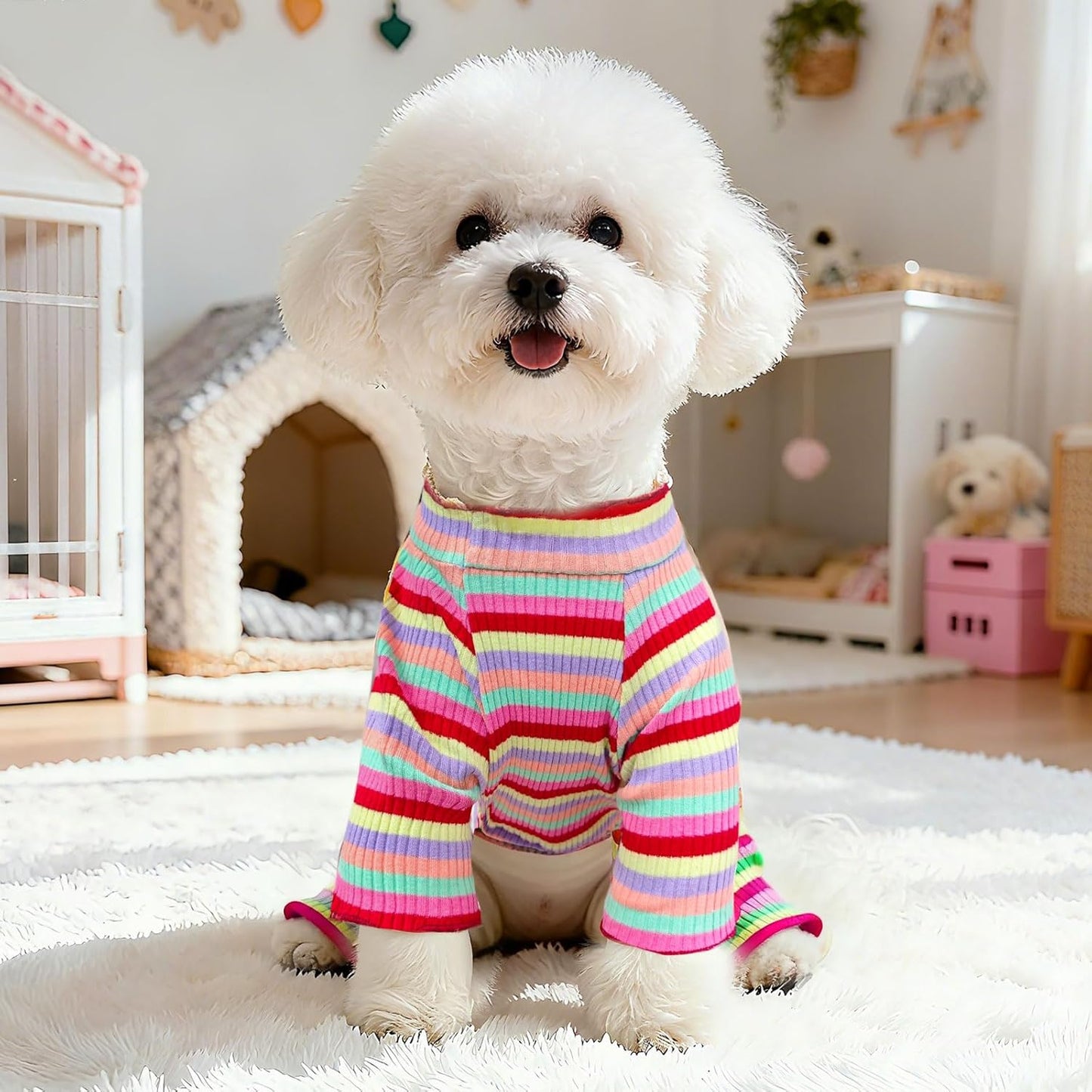 BAEJMJK Striped Dog Pajamas Stretchy Cute Four-Legged Boy Girl Dog Clothes with Sleeves Comfortable Dogs Jumpsuit Colorful Pet Puppy Outfits Apparel for Small Medium Dogs Cats(Red,Medium)