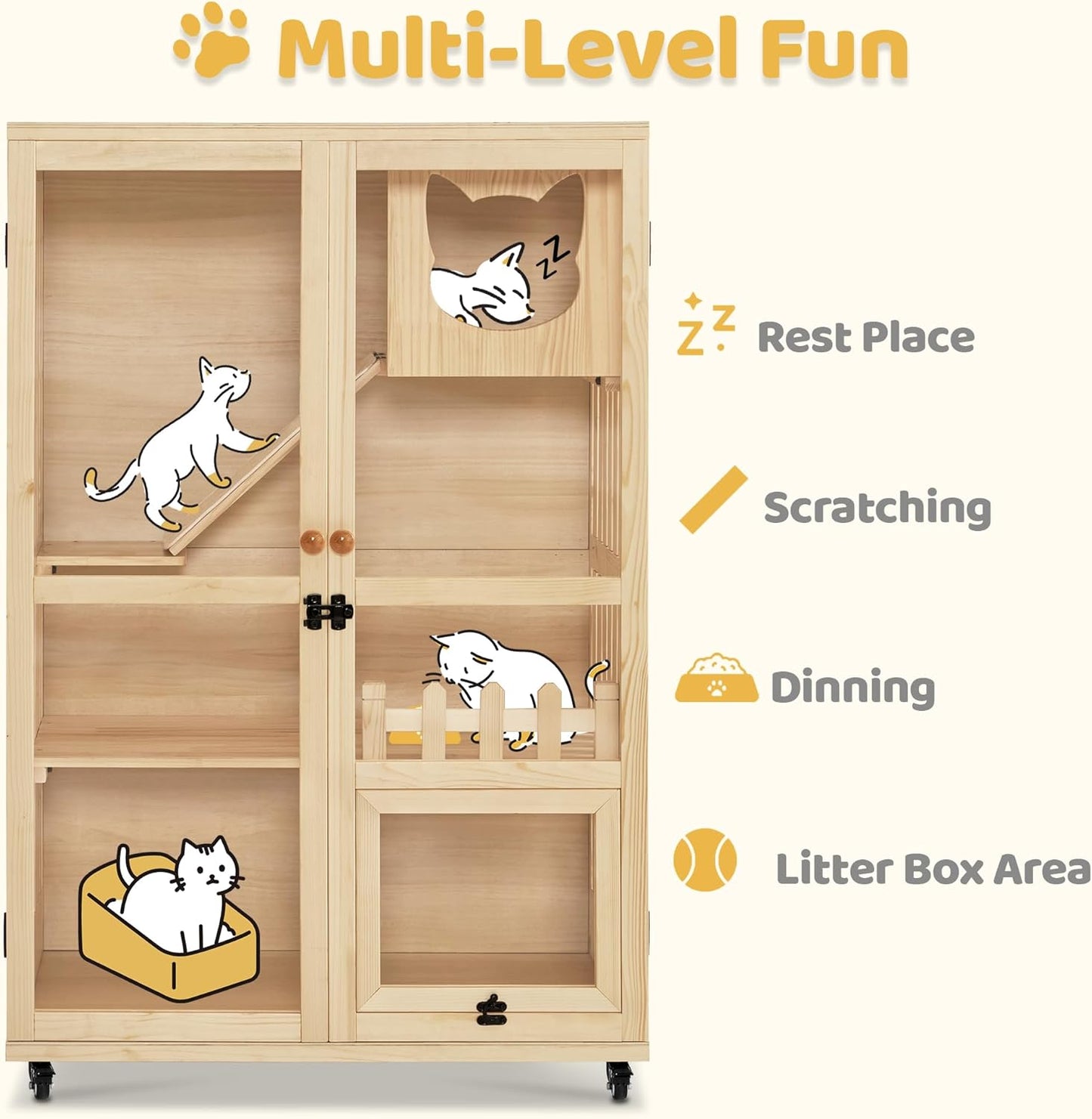 MCombo Wooden Cat Houses for Indoor Cats, Luxury Kitten House with Scratching Pad, Lockable Doors, Wheels, CT090