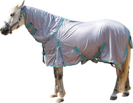 Horse Fly Sheet with Detachable Neck Cover & Belly Wrap, Adjustable Fly Sheet for Horses, Ventilated Airflow Mesh Equine Cooling Summer Flysheet Grey 66
