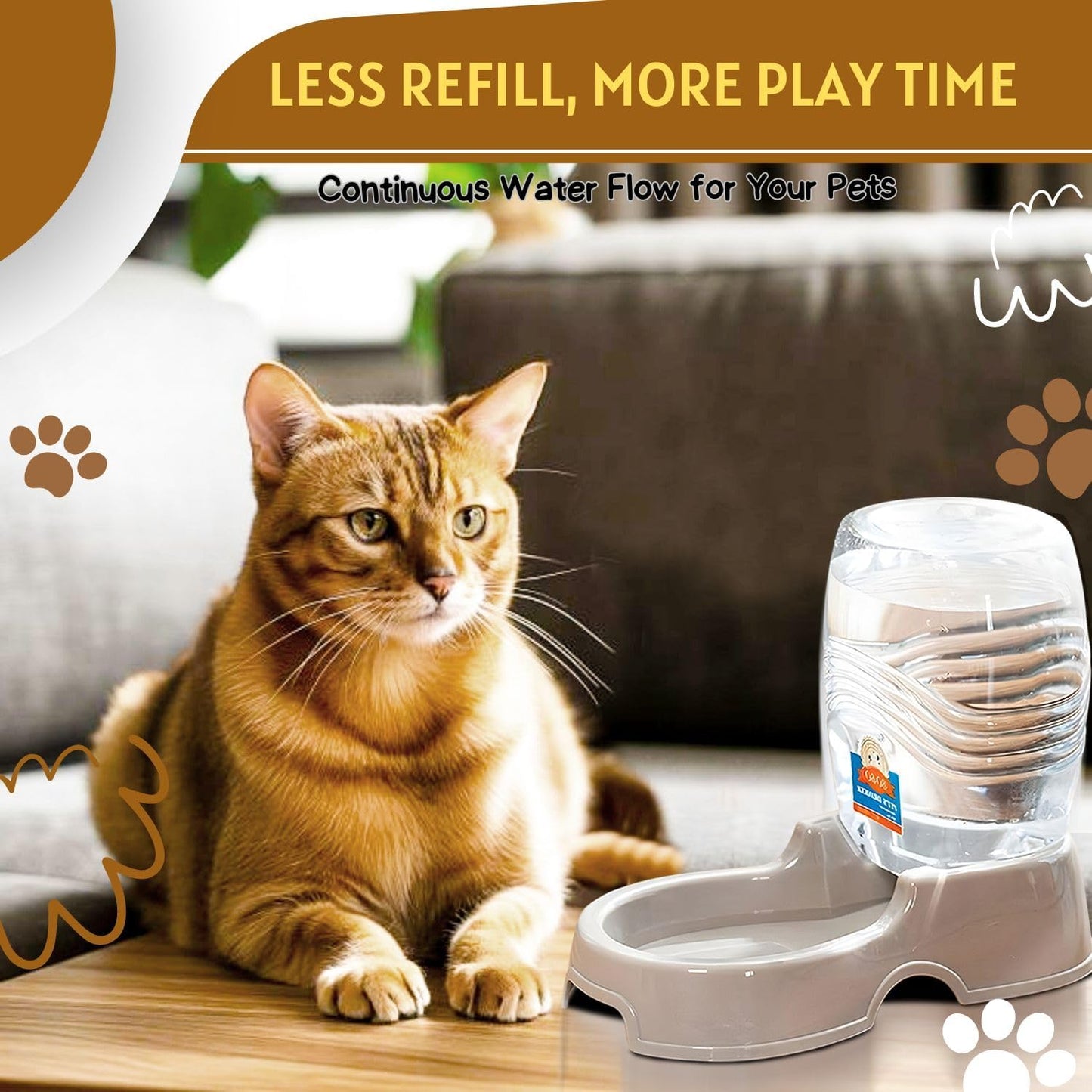 Flexzion Automatic Gravity Pet Waterer for Cat & Dog - Non-Skid & Easy-Clean Auto Replenish Water Dispenser Drinking Bowl (3/8 Gallon / 1.5L), Beige