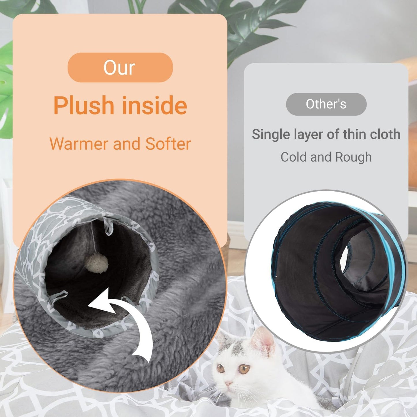 LUCKITTY Geometric 3 Way Cat Tunnel with Plush Inside,Cats Toys Collapsible Tunnel Tube with Balls, for Rabbits, Kittens, Ferrets,Puppy and Dogs