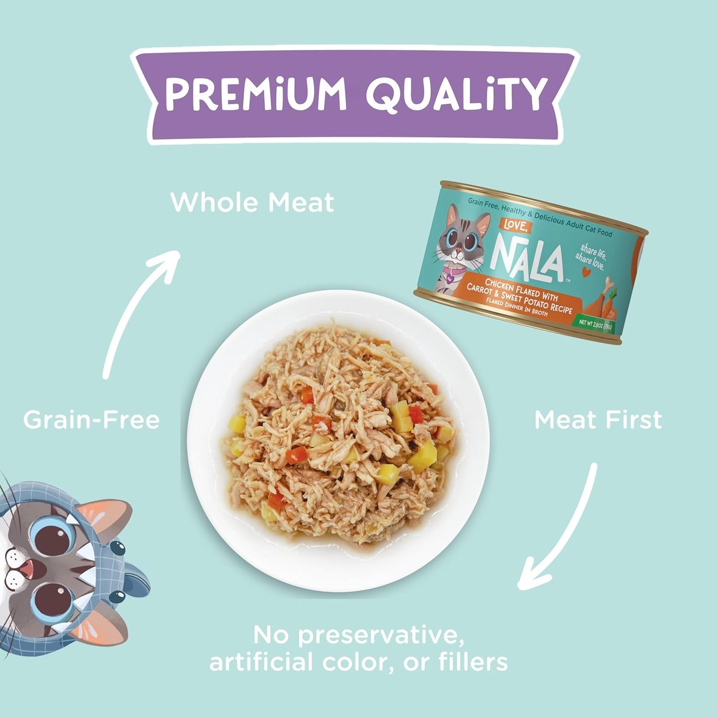 LOVE, NALA - Natural Adult Cat Wet Food - FLAKED Chicken with Carrot & Sweet Potato in Broth - Grain Free, Non-GMO, Lean Protein, Digestive Fiber Blend, Added Minerals & Vitamins - 12 Pack, 2.4 lbs.