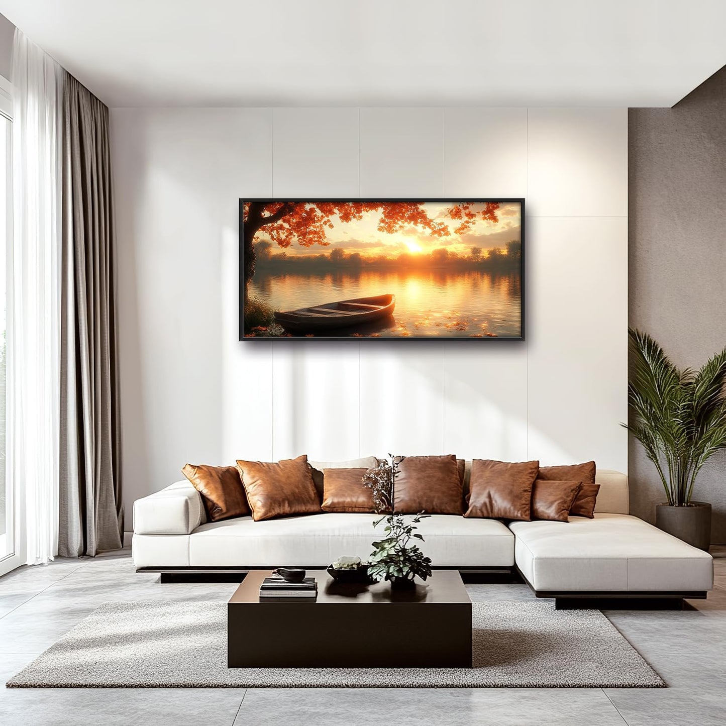 Large Lake Sunrise Landscape Wall Art for Living Room, Nature Boat Canvas Oversized Wall Decor, River Scenery Framed Pictures Painting Print Artwork for Bedroom Office 60"L x 30"W