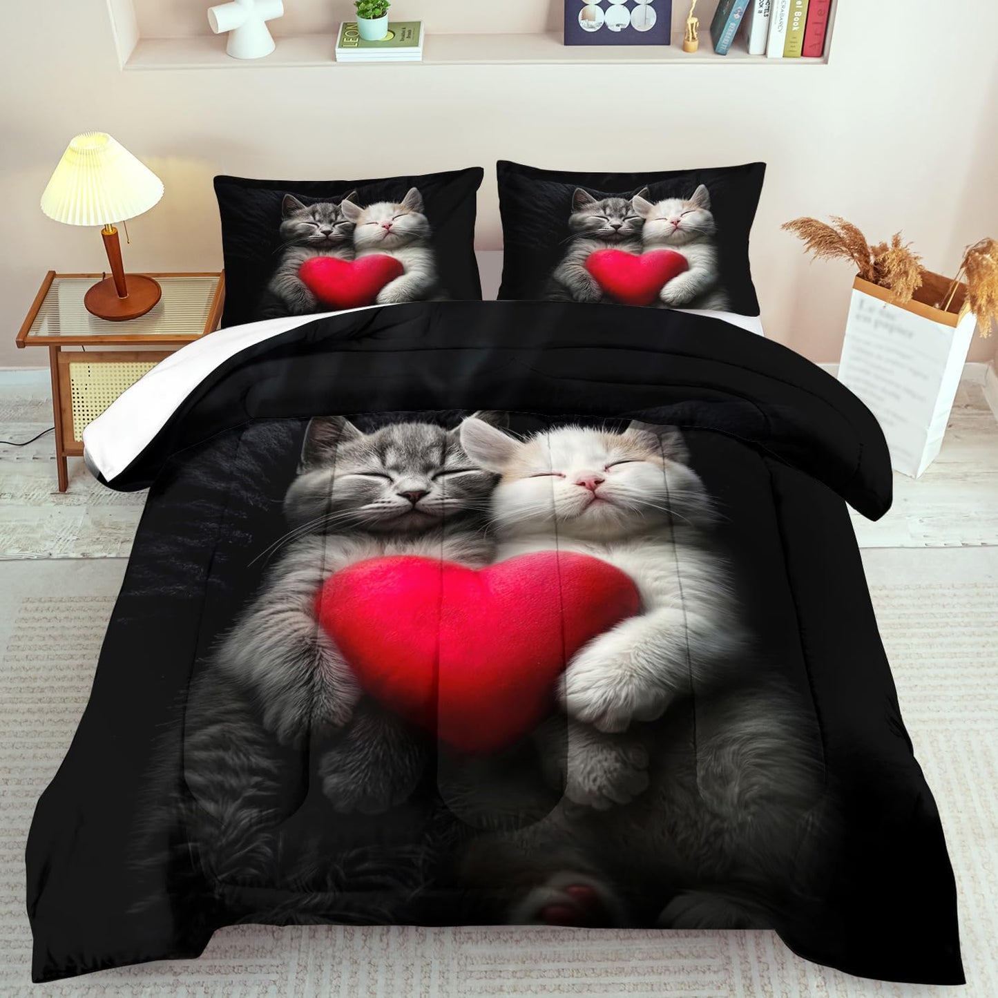 Cute Cat Comforter Set Queen,Kawaii Cat Bedding Set for Girls,Cute Animal Comforter Red Love Heart Bedding Decor,Kawaii Farm Animal Quilt Patterns Kids and Adults