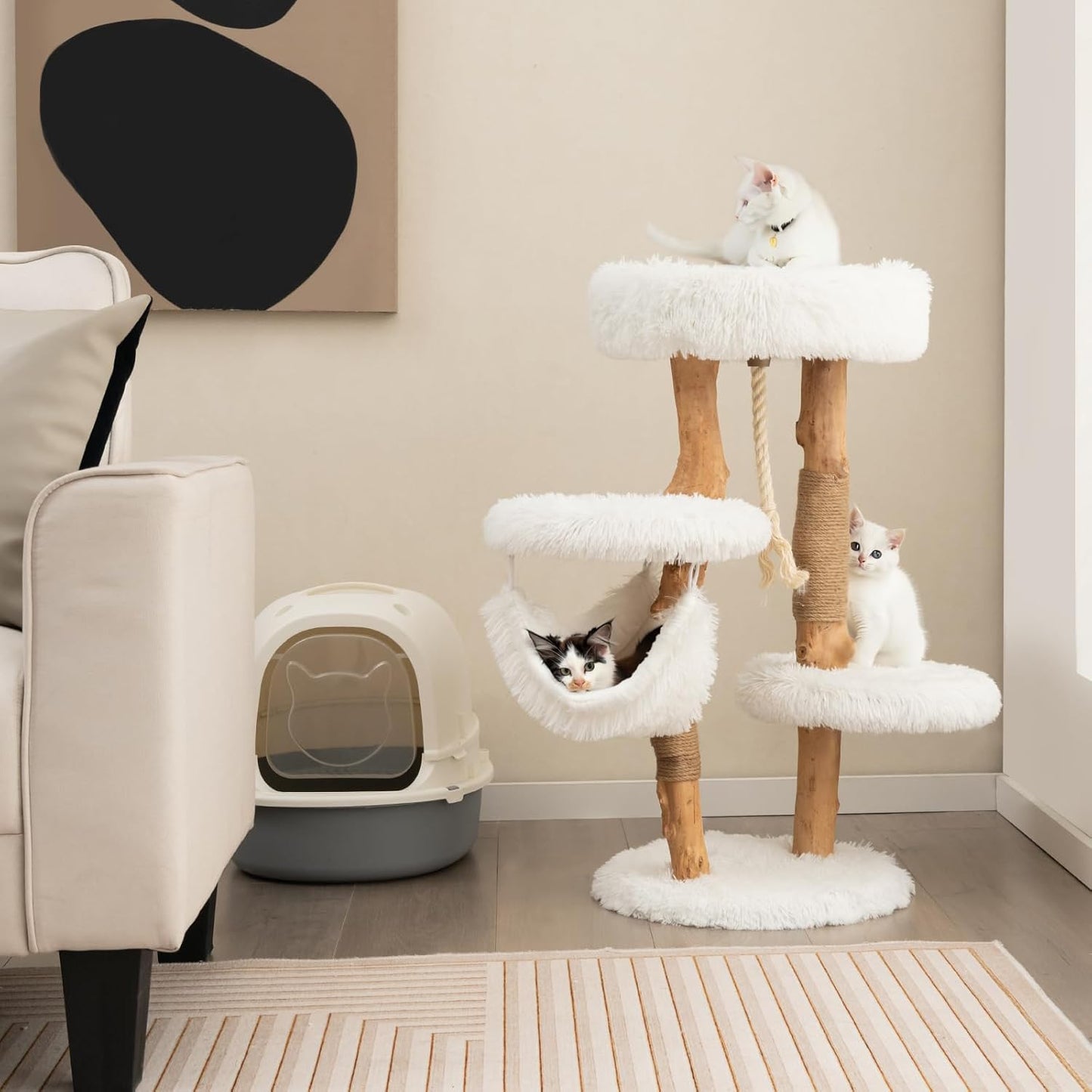 Tangkula Cat Tree Tower, Solid Wood Modern Cat Tower with Cozy Top Perch, 2 Platforms & 1 Hammock, Natural Branch Cute Cat Tree with Scratching Posts & Sisal Rope for Indoor Cats