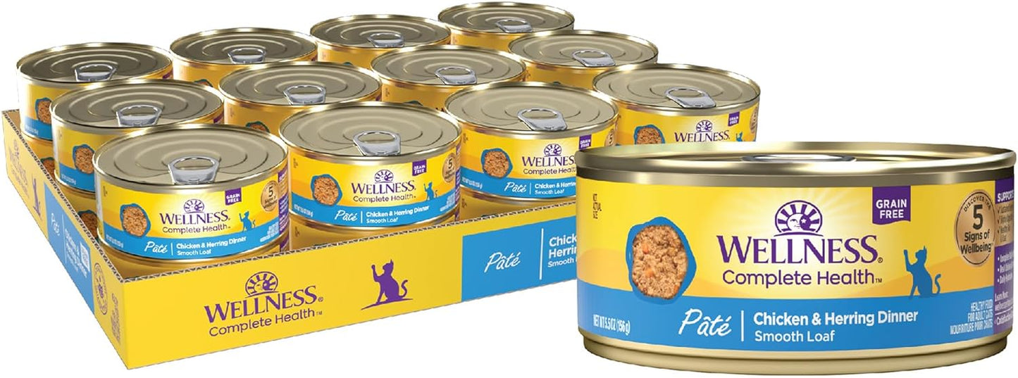 Wellness Complete Health Pate Adult Wet Cat Food, Natural, Protein-Rich, Grain Free, 5.5 Ounce, 24 Pack, (Chicken & Herring)