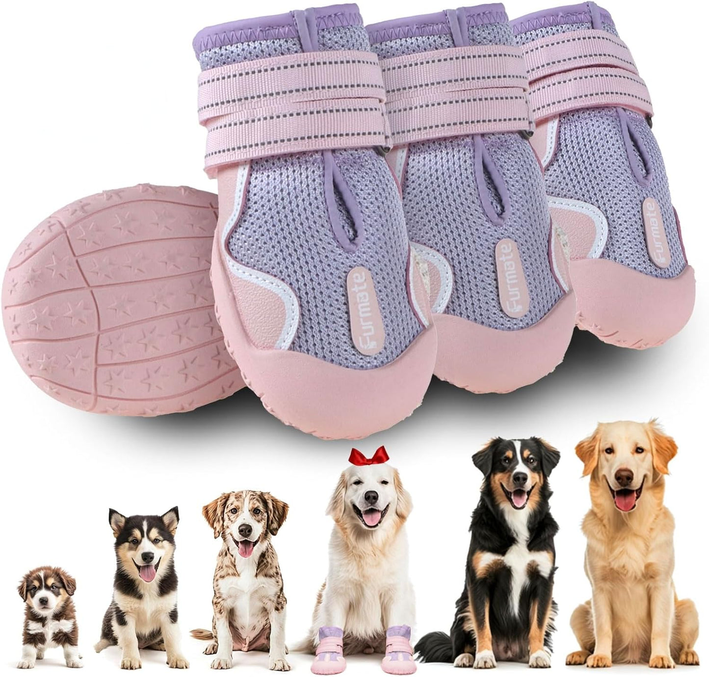 Dog Shoes for Large Small Medium Dogs, Breathable Mesh Dog Boots & Paw Protectors for Summer Hot Pavement Winter Snow, Waterproof Anti-Slip Dog Booties for Hiking Hardwood Floors(Pink-Purple4)