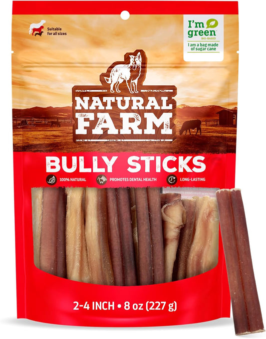 Natural Farm Odor-Free Bully Sticks (2-4”, 8oz) All-Natural Long-Lasting Chews, 100% Beef Pizzle, Grass-Fed, Grain-Free, Hormone-Free, Protein for Muscle Development & Energy, Perfect for Small Dogs