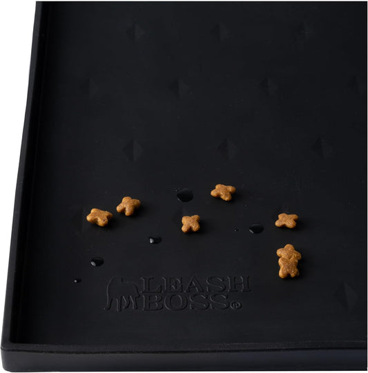 Leash Boss Dog Food Mat for Food and Water Bowls, Waterproof Silicone Pet Feeding Mat for Floors, Extra Tall Raised Edges, Cat and Dog Placemat for Floors, Dishwasher Safe (Medium: 20"x13" - Black)