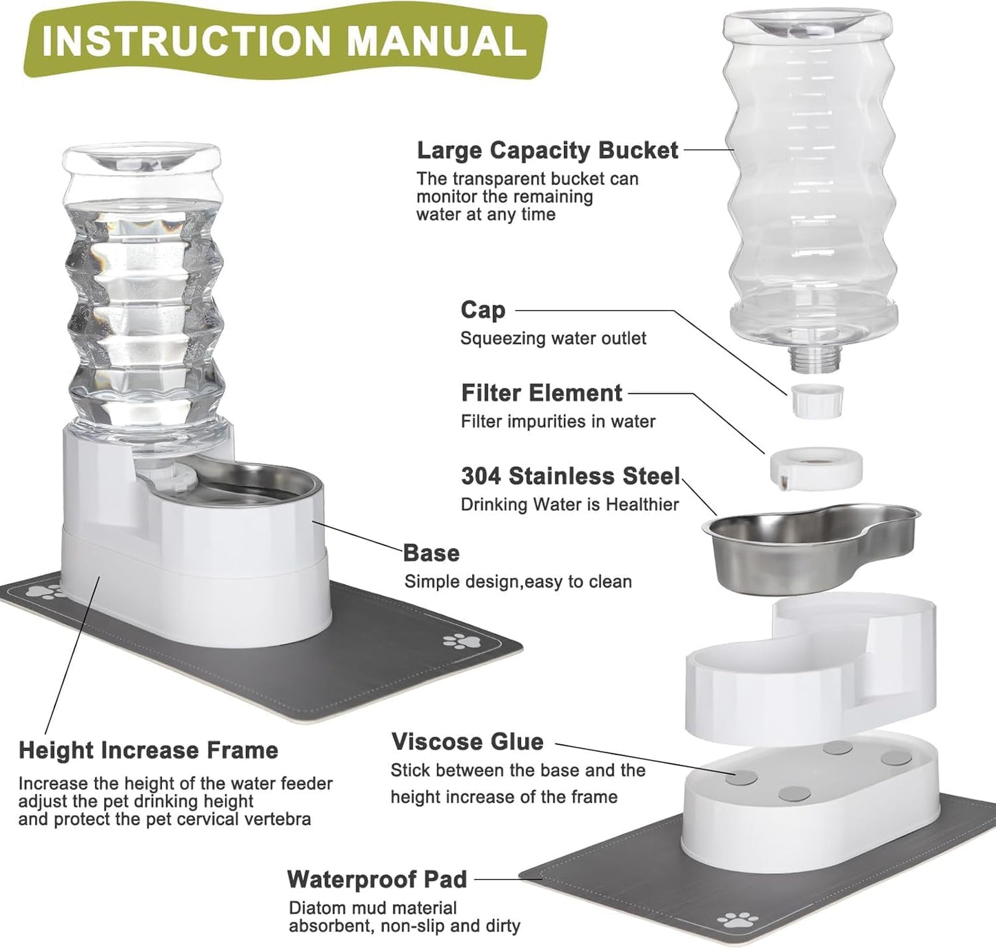 RIZZARI Large Water Dispenser for Dogs: 9L Automatic Stainless Steel Gravity Raised Pet Feeder for Pet Dogs Indoor/Outdoor