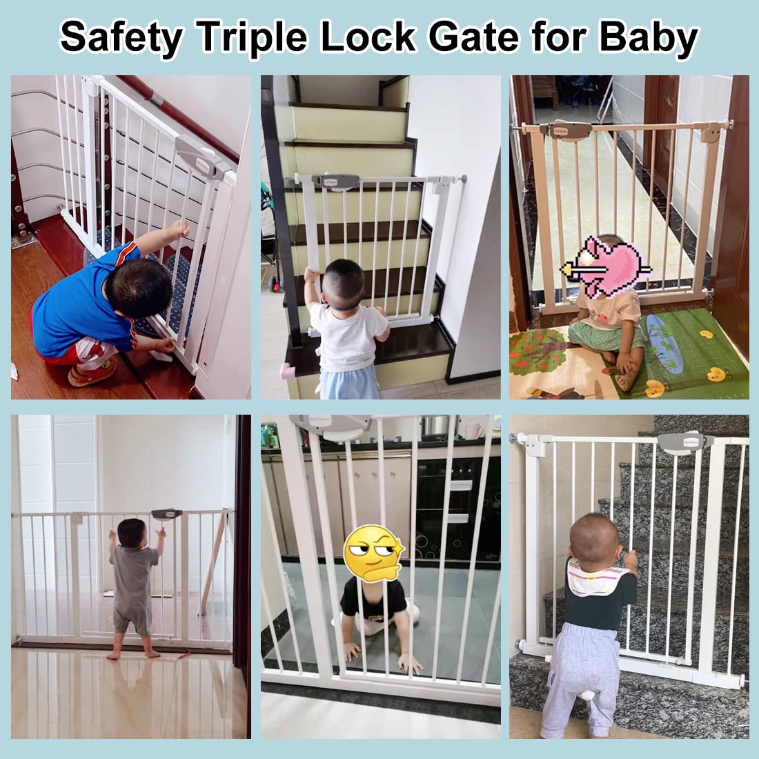 WAOWAO Triple Lock Baby Gate Extra Wide 31.1-35.04" Pressure Mounted Walk Through Swing Auto Close Safety White Metal Dog Pet Puppy for Stairs,Doorways,Kitchen