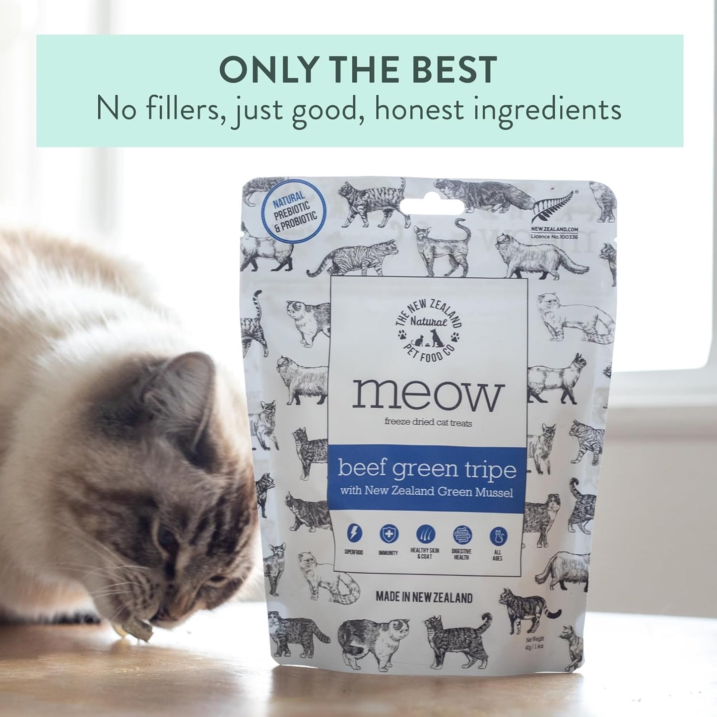 The New Zealand Natural Pet Food Co MEOW Freeze Dried Cat Treats - Beef Green Tripe with New Zealand Green Mussel, High Protein, Healthy Cat Snacks and Toppers, All Natural for all Life Stages, 1.4 oz