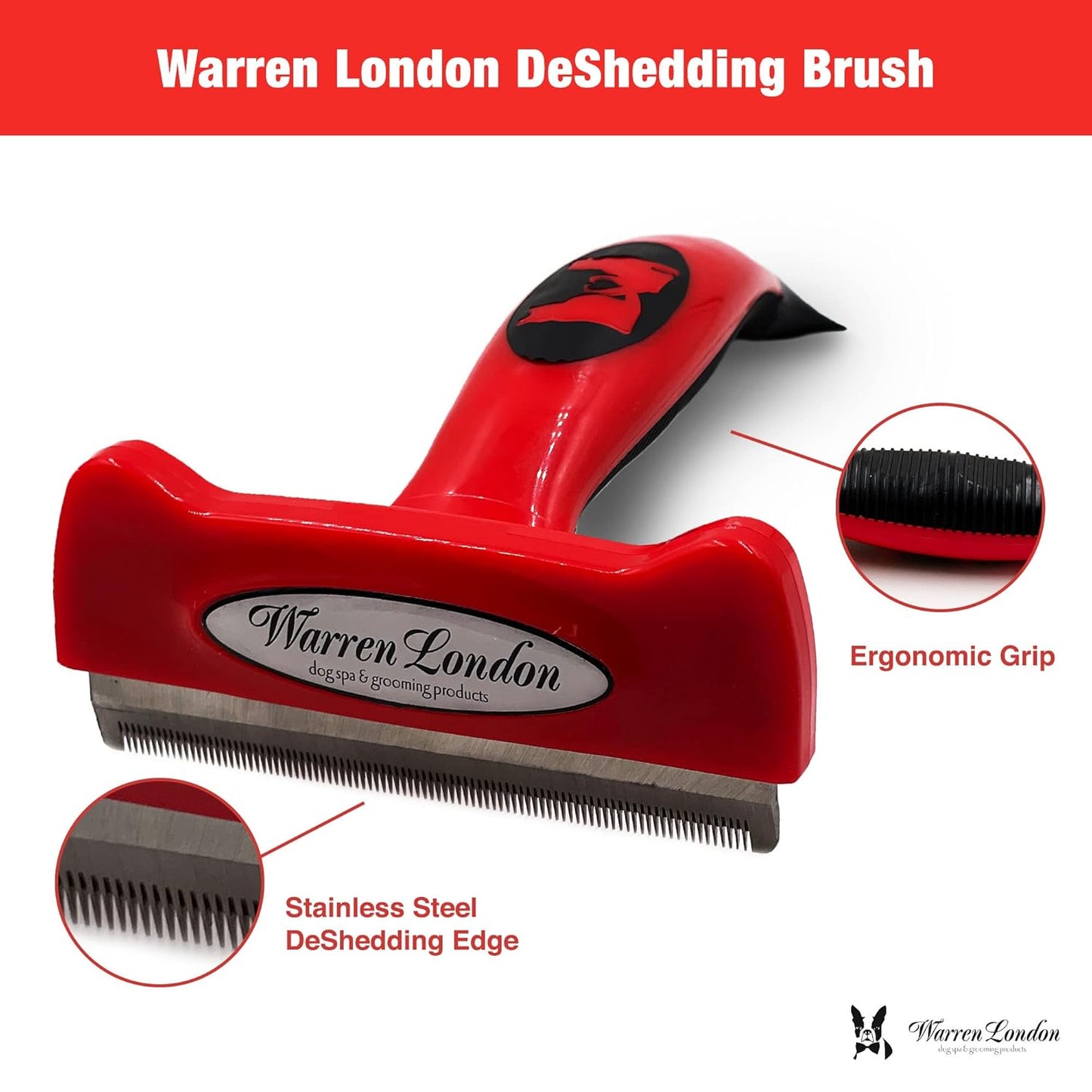Warren London Deshedding Brush for Dogs – Large Short-Hair | 4-in Stainless-Steel Undercoat Rake Reduces Shedding Up to 95% | Gentle Skin-Safe Comb, Quick-Clean Release, Non-Slip Ergonomic Grip