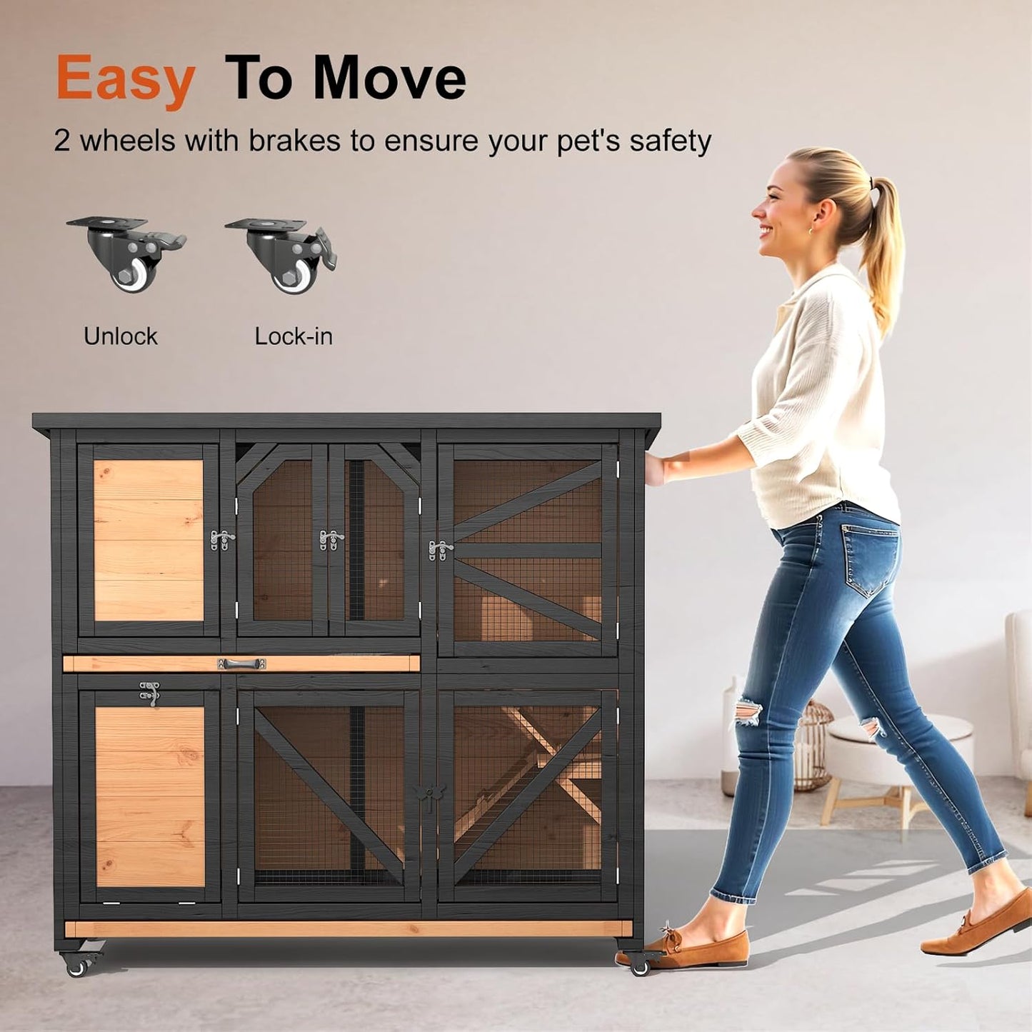 47.3" Two Story Rabbit Cage Bunny Cage Indoor, Wooden Rabbit Hutch Hamster Cages for Small Animals, Outdoor Guinea Pig Cages with Wheels & 2 Removable Trays & Bottom Wire Mesh