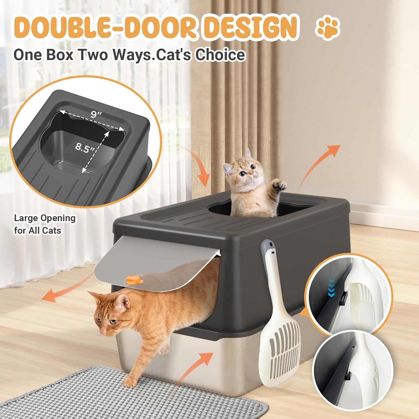 Stainless Steel Litter Box with Lid, Extra Large Cat Box with high Sides, Kitty Litter Pan Enclosure, top Entry Cat Litter Box Extra Large with Litter Scoop & Litter Mat, Anti-Leakage (XL Black)