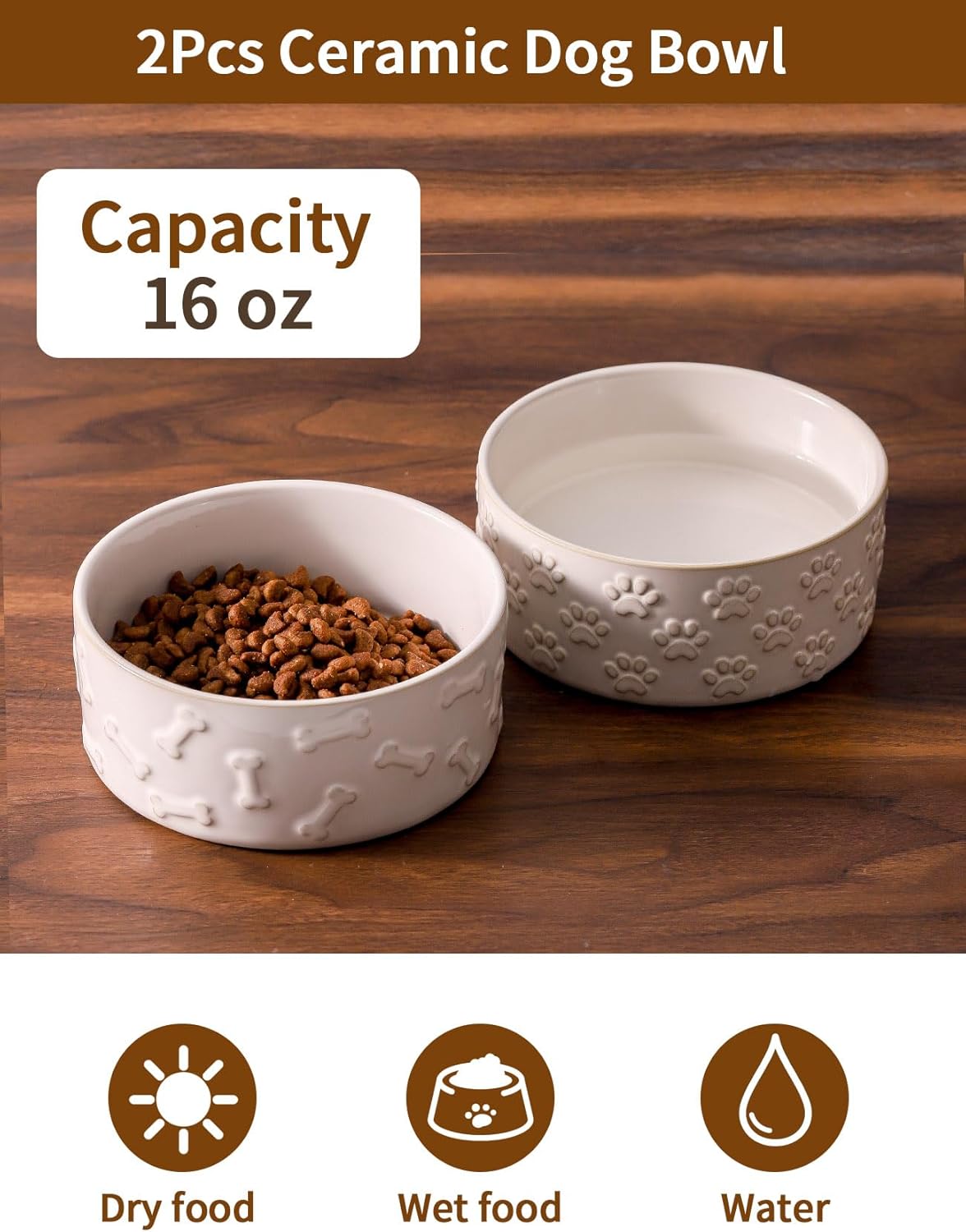UBEE Ceramic Dog Bowl Set of 2, 5.1 inch Dog Food Bowl Dish with Bone or Paw Pattern, Pet Food Water Dish Feeding for Small Dogs and Large Cat, White