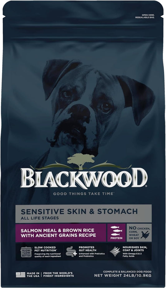 Blackwood Sensitive Skin & Stomach Dry Dog Food, Salmon Meal & Brown Rice with Ancient Grains, 24 Pound Bag with Prebiotics & Probiotics to Promote Gut Health