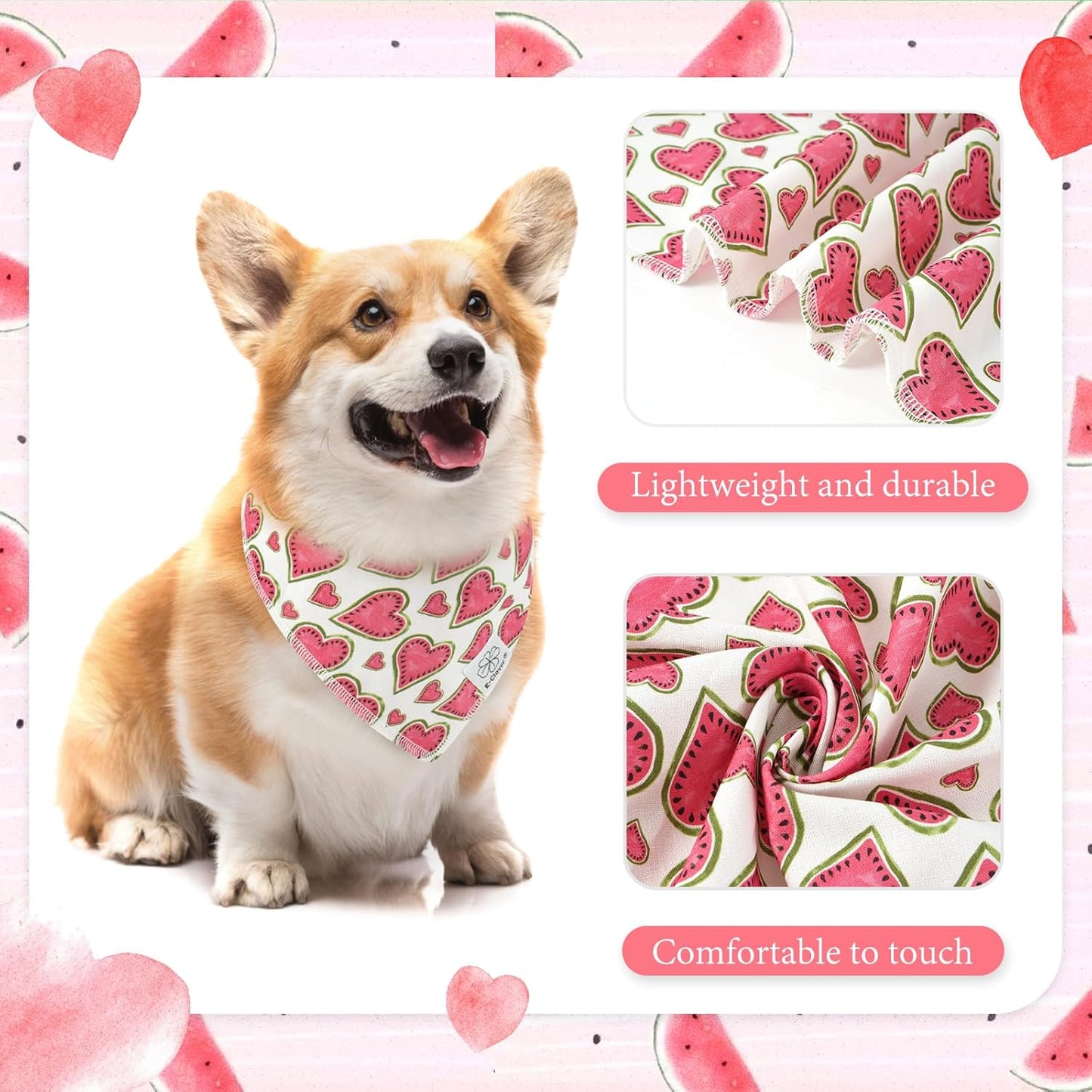 E-Clover Pink Watermelon Dog Bandanas & Matching Scrunchie Set Cute Heart Dog Scarf Bibs Pet Bandana with Bow Tie for Medium Large Dogs Owner Mom Spring Summer