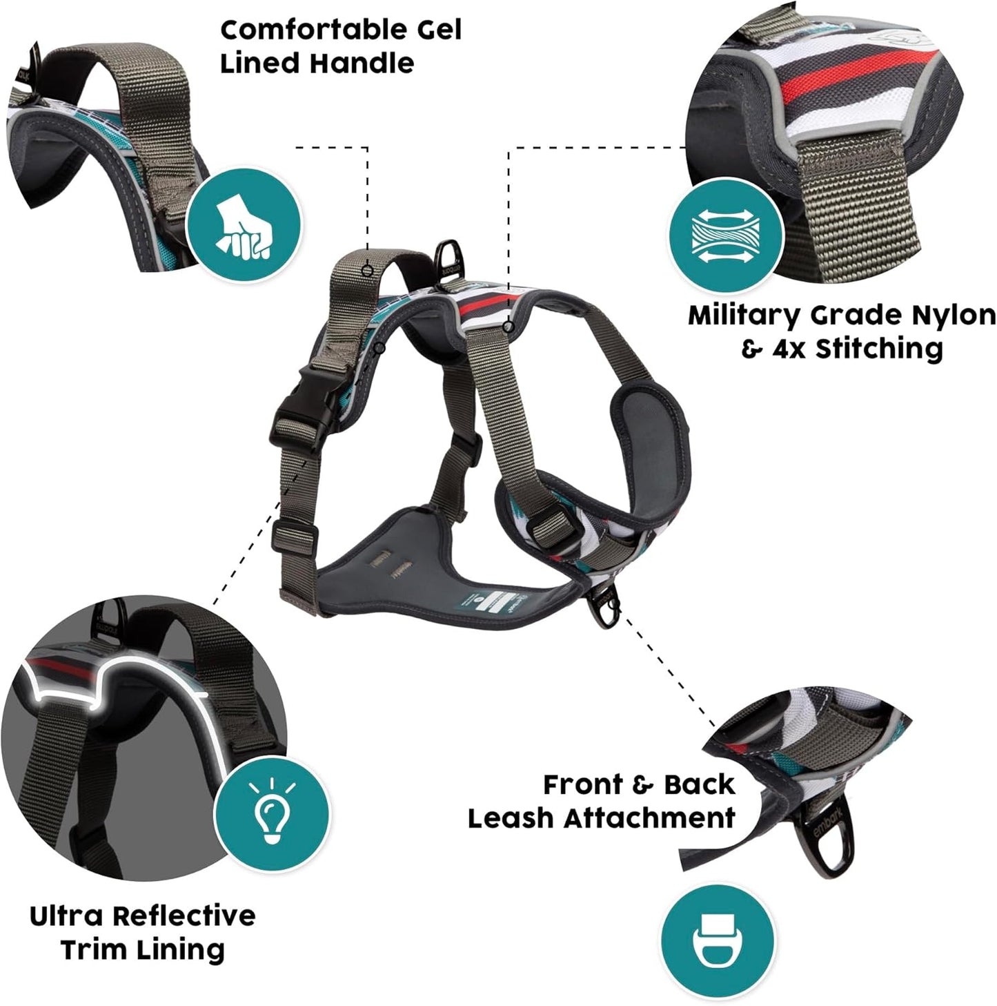 Embark Adventure Dog Harness, Reflective Trim XL Dog Harness for Extra Large Dogs No Pull - Military Grade Nylon, 2 Leash Clips & Gel Lined Handle.