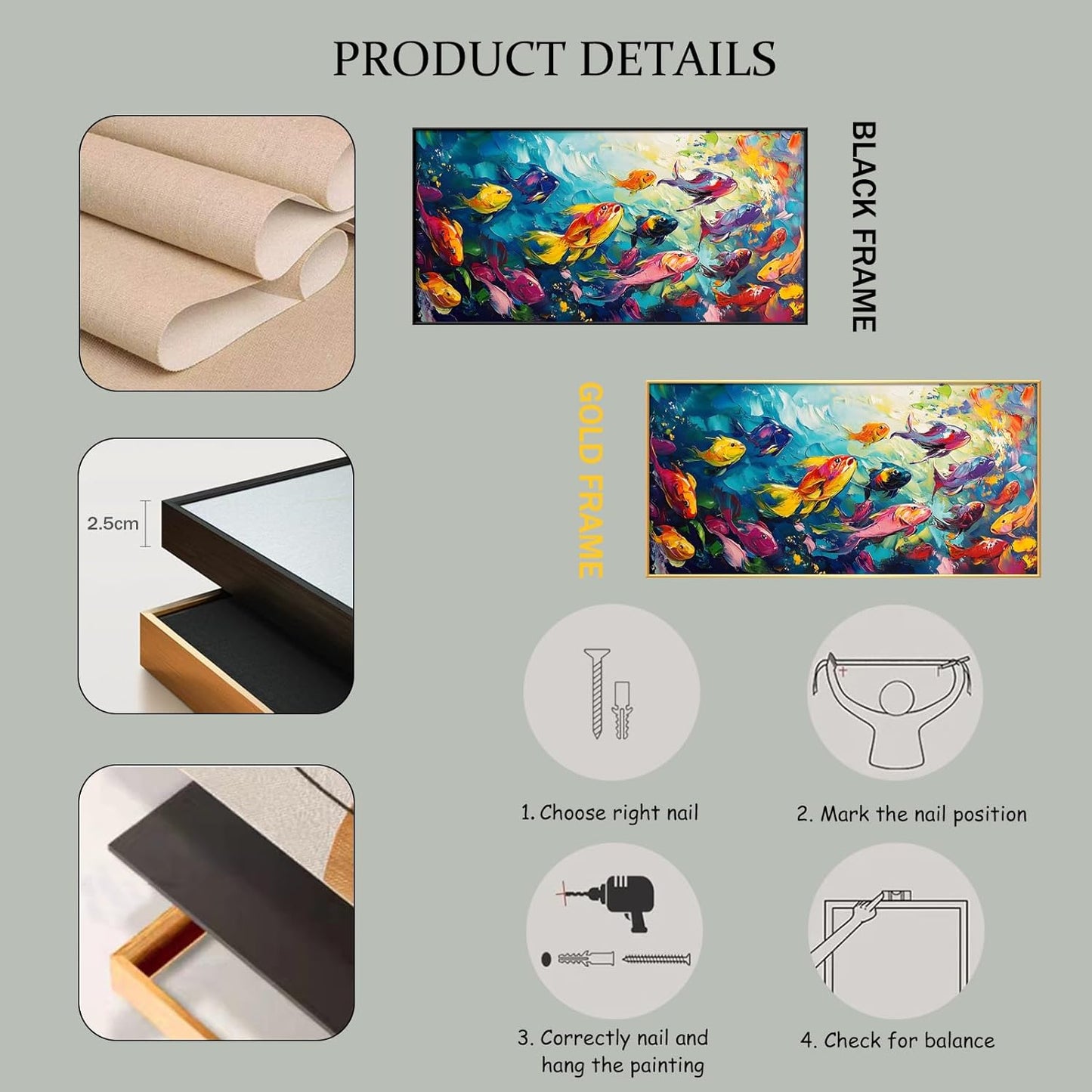 School of Fish Printed Canvas Wall Art – Framed Abstract Ocean Print – Vibrant Fish Wall Decor for Living Room, Bedroom, Office (Gold Framed, 47"x23"|120x60cm)