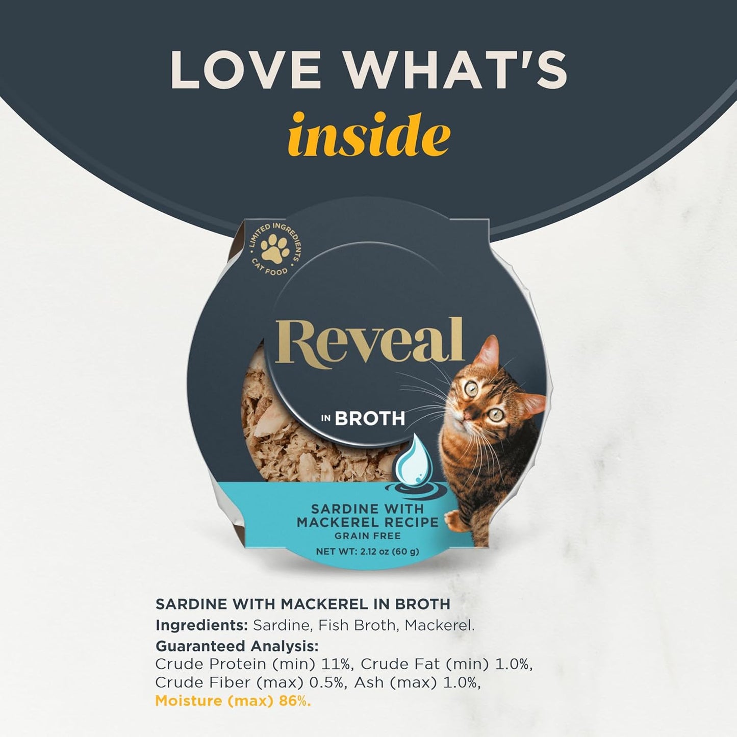 Reveal Natural Wet Cat Food, 18 Count, Grain Free, Limited Ingredient Cat Food Cups, Sardine with Mackerel in Broth, 2.12 oz Easy Peel Cups