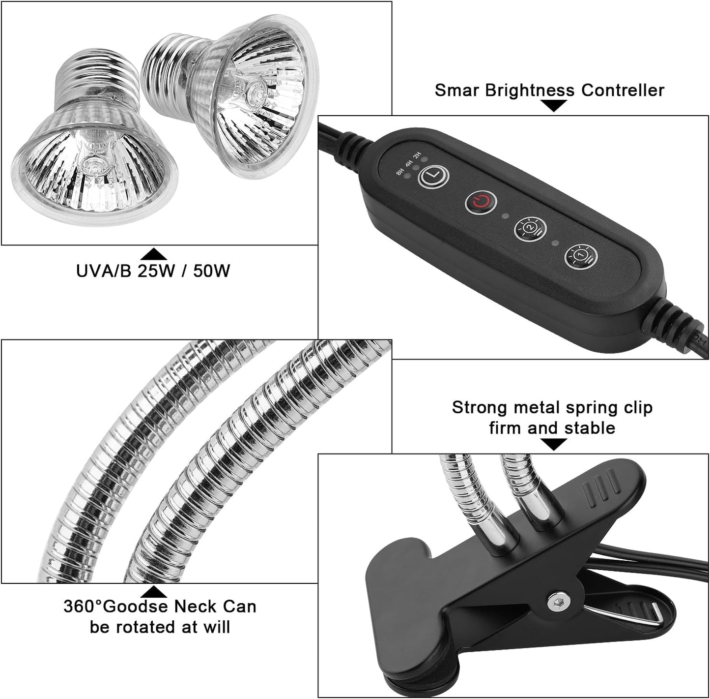 Reptile Heat Lamp, Dual-Head UVA UVB Reptile Light, Heating Lamp with Cycle Timer, Heat Lamp for Reptiles Bearded Dragon Turtle Crab Snake Lizard, Separate Control, 3 Basking Bulbs Light
