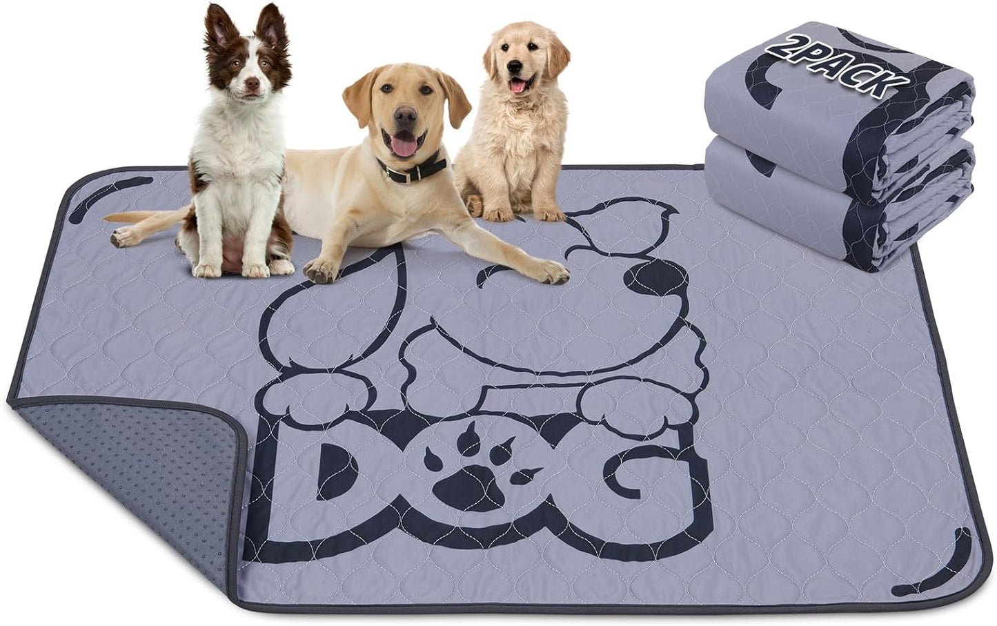 Washable Pee Pads for Dogs: 48x60 2 Pack Reusable Dog Pads Whelping Mats with Absorbent Layer - Waterproof Non-Slip Washable Puppy Pads for Potty Training, Beds, Couches, and Carpets, Gray