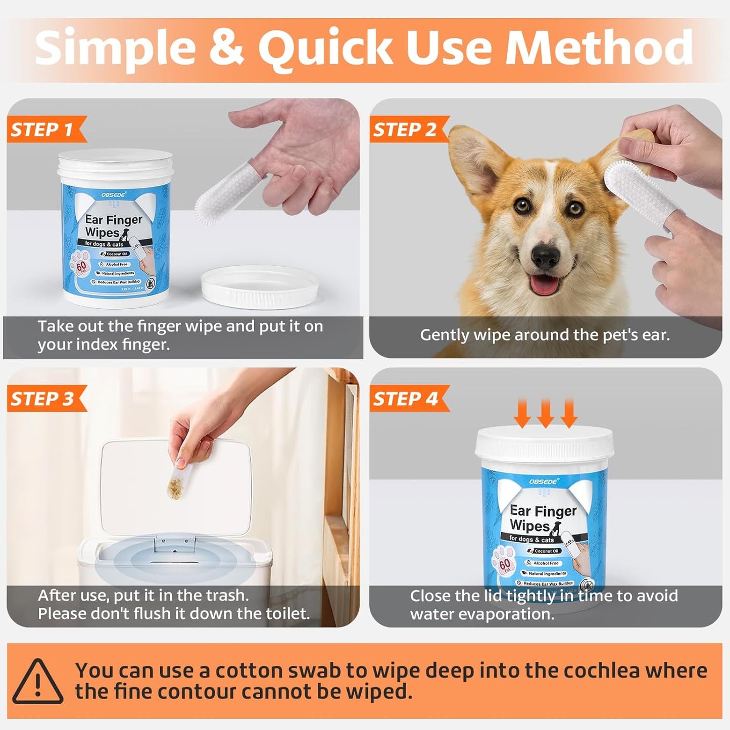OBSEDE Dog & Cat Ear Wipes, 60 Count Finger Wipes for Gentle Cleaning & Itch Relief - Fresh Coconut Scent, Removes Wax & Odor – Daily Pet Grooming Supplies