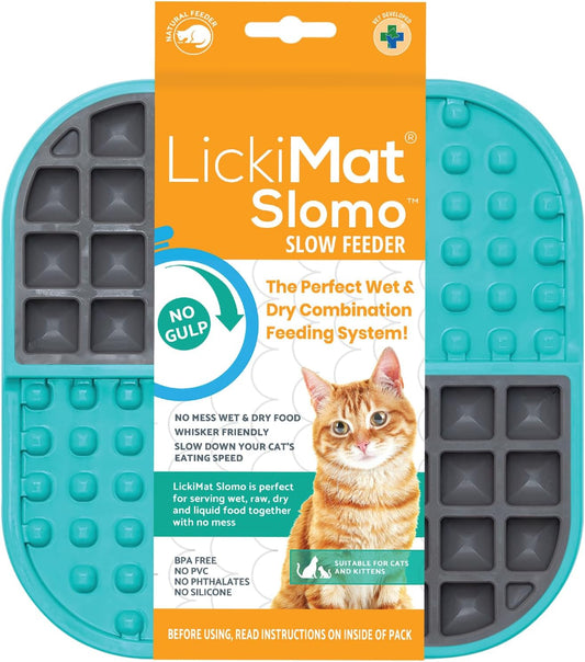 LickiMat Slomo, Cat Slow Feeder Lick Mat, Boredom Anxiety Reducer; Perfect for Food, Treats, Yogurt, or Peanut Butter. Fun Alternative to a Slow Feed Cat Bowl or Dish, Turquoise
